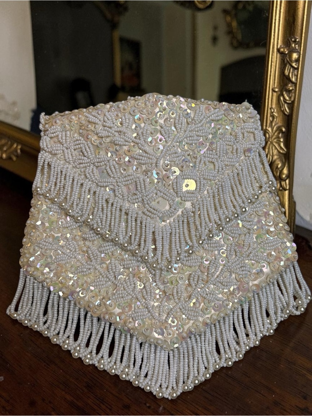 Vintage Hong Kong Ivory Beaded Flap Purse w/ Pearl Fringe & Iridescent Sequins